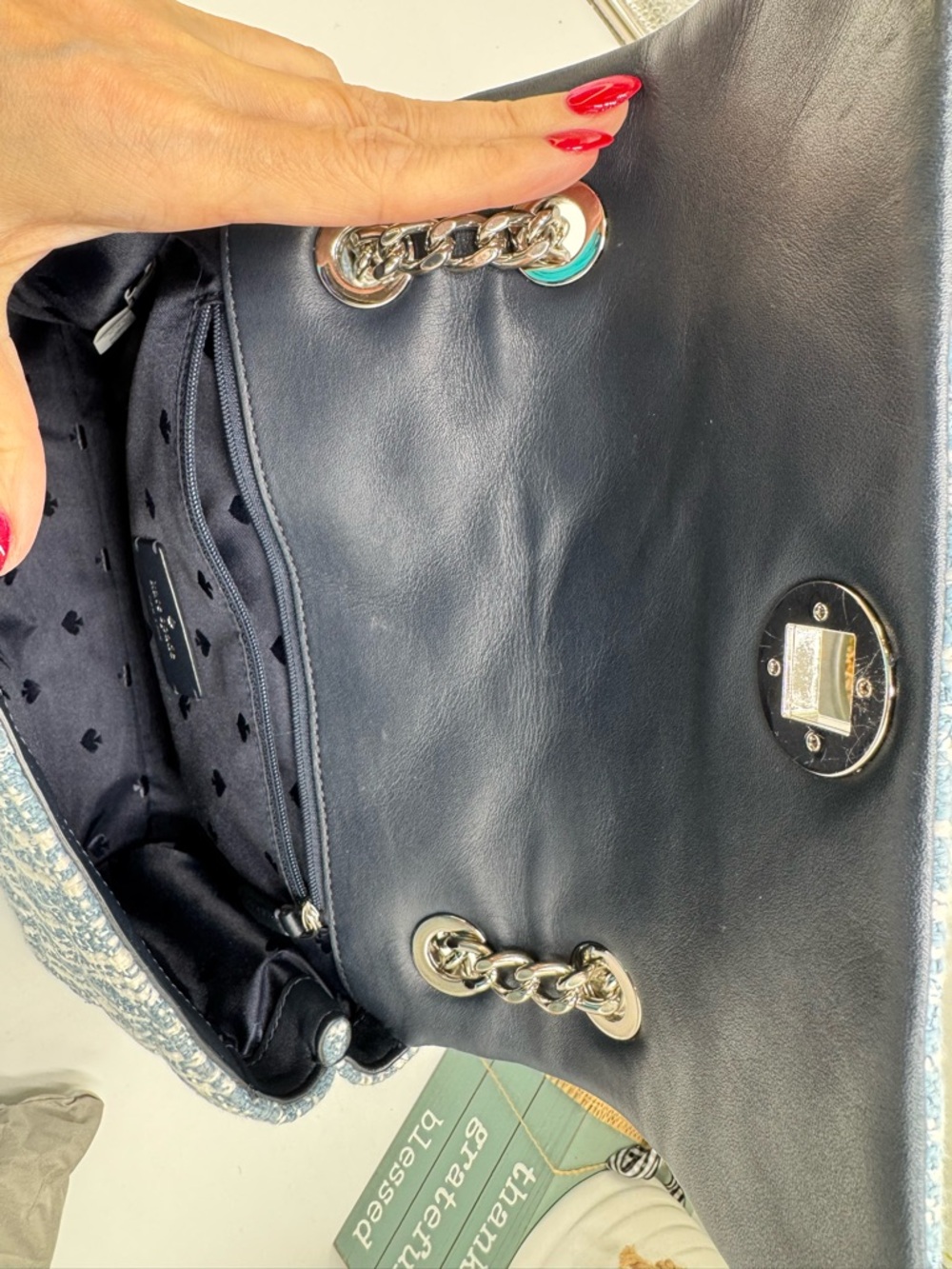 Kate Spade Natalia Quilted Denim Tweed Medium Flap Shoulder Bag - Blue Multi - Picture 7 of 9